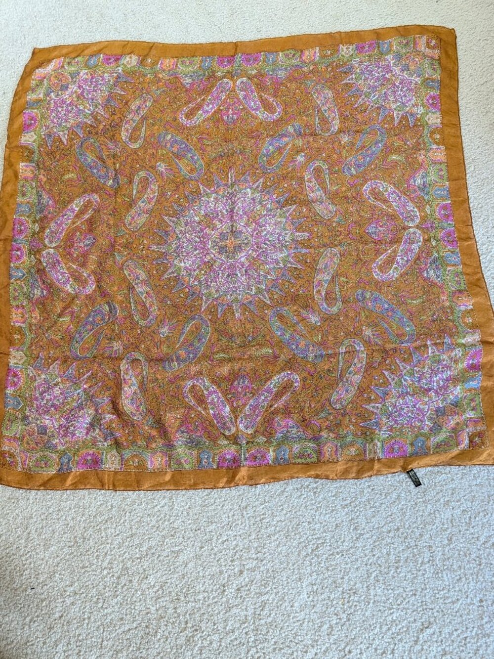 Unbranded 100% Silk Square 38x38 Paisley Print Scarf OS Caramel Brown - Picture 3 of 7